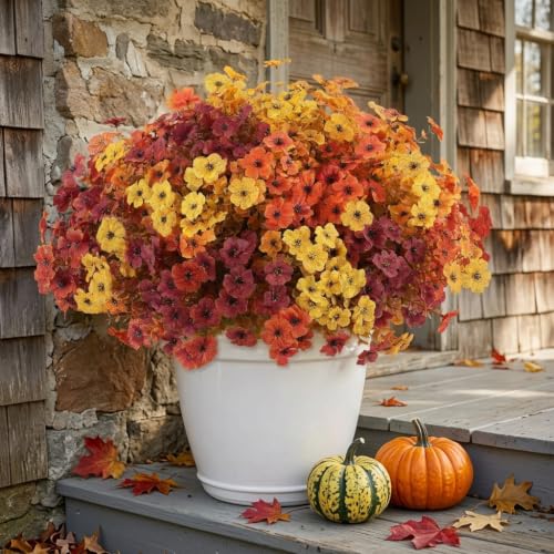 Artificial Fall Flowers Set - 12 Lifelike Daisies & Eucalyptus for Outdoor Porch Decor - Orange Brown Yellow Variation