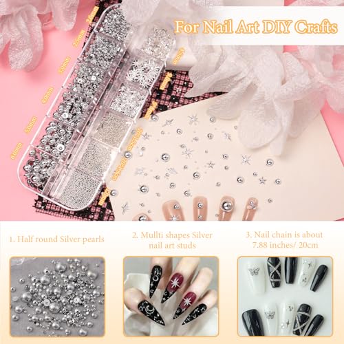 Silver Gothic Nail Studs & Pearl Set with Chain Cone Rivets - S2 Silver Pearls