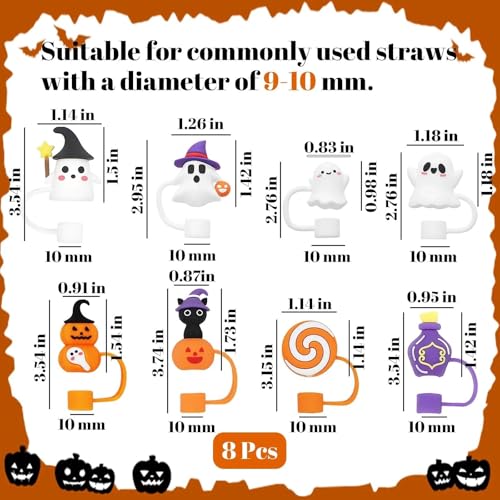 Halloween Drinking Straw Covers Set - 8 Silicone Toppers for Tumblers