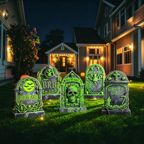 6 Pack Halloween Glow-in-The-Dark Tombstone Decorations - Weatherproof Outdoor Gravestones