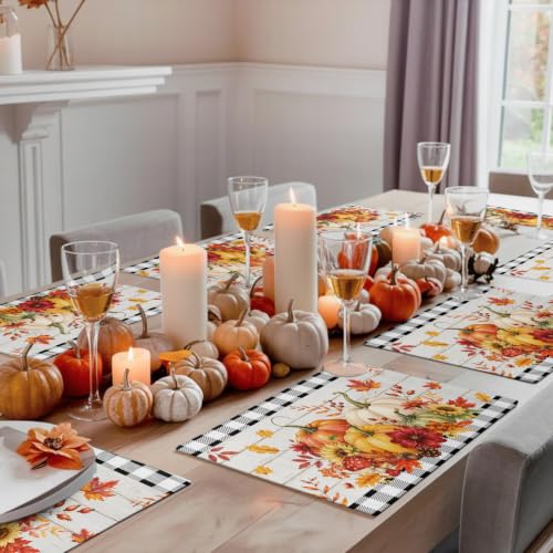 Orange & Black Fall Placemats Set of 6 - Non Slip Washable Farmhouse Table Mats