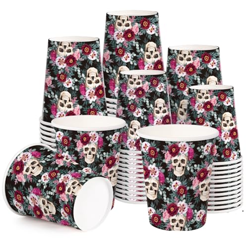 Halloween Paper Cups 9oz Blooming Floral Skull Design - 50 Pack Disposable Drinkware