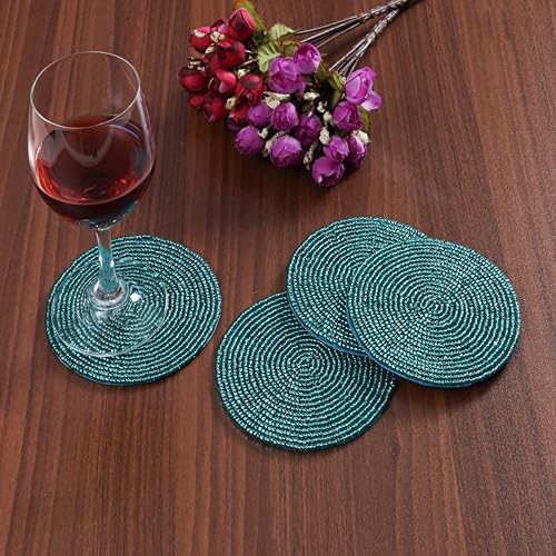 Solid Teal Handmade Beaded Coasters Set of 4 - Halloween Fall Thanksgiving Holiday