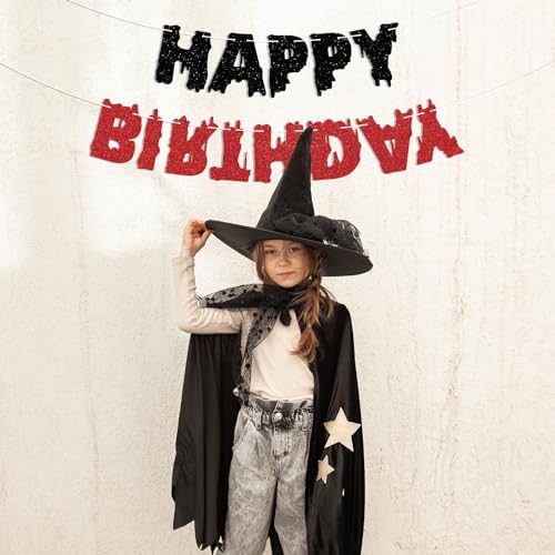 Halloween Birthday Banner - Spooky Stranger Themed Party Decor, Black & Red Glitter