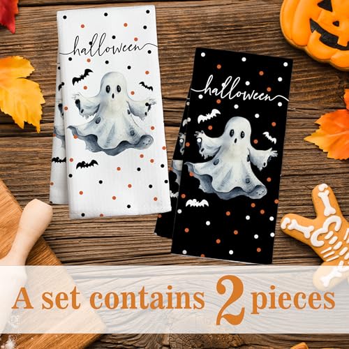 Halloween Kitchen Towel Set - White Spooky Ghost Black Face, 2-Pack, Indoor Home Decor