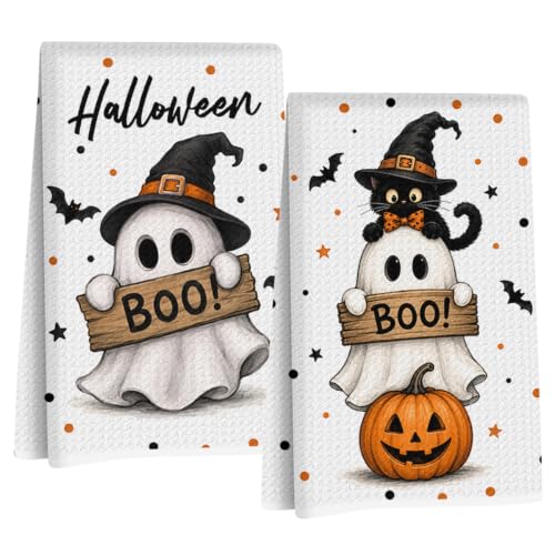 Jztco 2 Pcs Ghost Cat Halloween Kitchen Towels - Multi 1657 Spooky Hand Towels