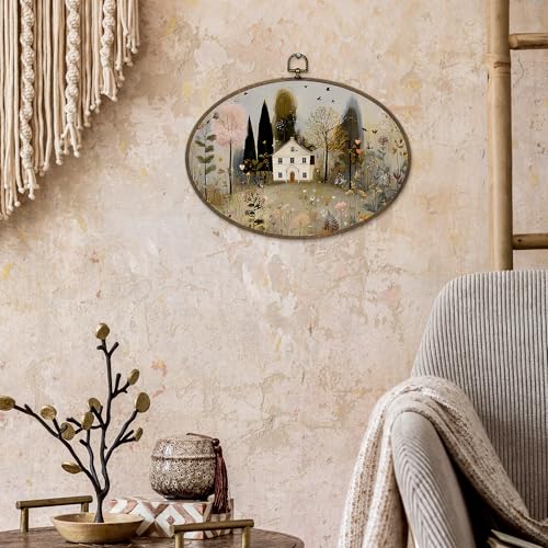 Oval Farmhouse Wall Art Decor - Rustic Botanical Canvas Print, House-A