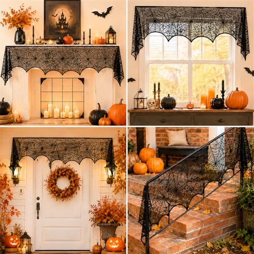 Halloween Fireplace Mantel Scarf - Black Lace Spiderweb Decor 18x96 Inches