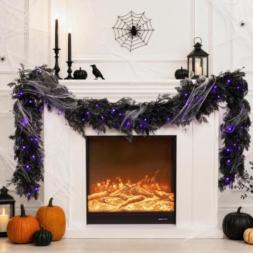Halloween Garland Decorations - 9FT Pre-lit Black Cedar with Berry & Spider Web - Indoor Outdoor Decor - Variation: Halloween