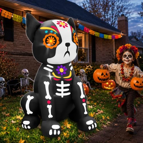4 Ft Day of The Dead Inflatable Skull Dog with LED Lights for Halloween & Outdoor Decor