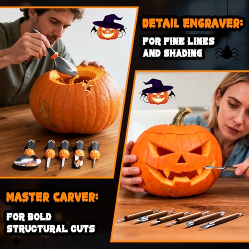 Pumpkin Carving Kit for Adults & Kids with Stainless Steel Tools & Carrying Case