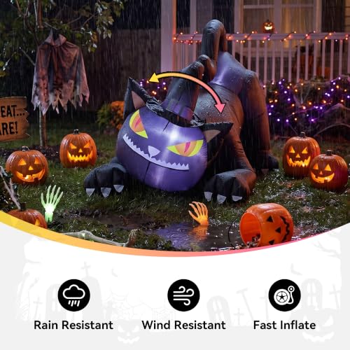 6FT Halloween Rotating Black Cat Inflatable Decoration with Witch's Hat - Outdoor Spooky Yard Decor