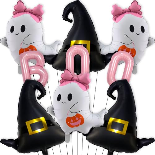 Pink Halloween Balloons Party Decorations - 9 pcs Foil Balloon Set for Ghost Witch Boo