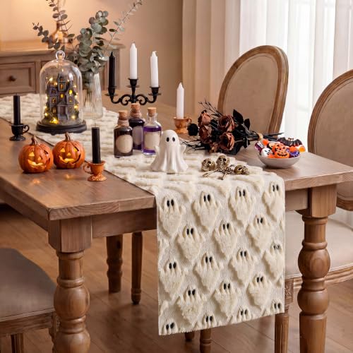Halloween Ghost Table Runner Beige Plush 13x72 Inch Fall Decor - Variation of Ghost