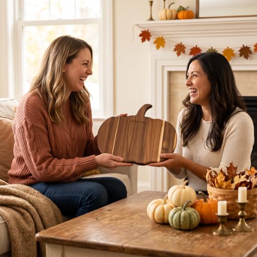 Pumpkin Shaped Wooden Charcuterie Board with Handle - Fall Kitchen Decor, 13x9 Inches