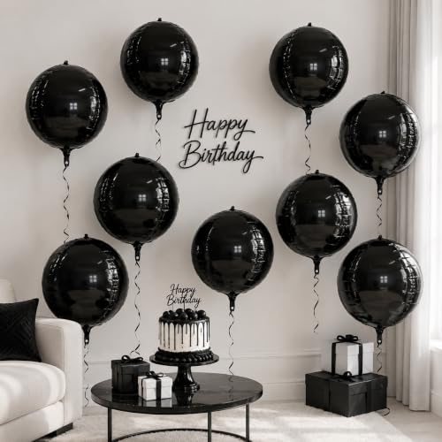 Black Round Foil Balloons - 22 Inch Metallic Latex Party Decor - Set of 9