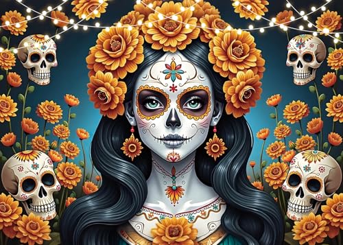 Dia De Los Muertos Backdrop 7x5FT Mexican Fiesta Sugar Skull & Marigold Decor Variation of THIS listing
