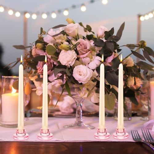 Pink Glass Taper Candle Holders Set - 6pcs Short Decorative Candle Sticks for Wedding & Home Decor