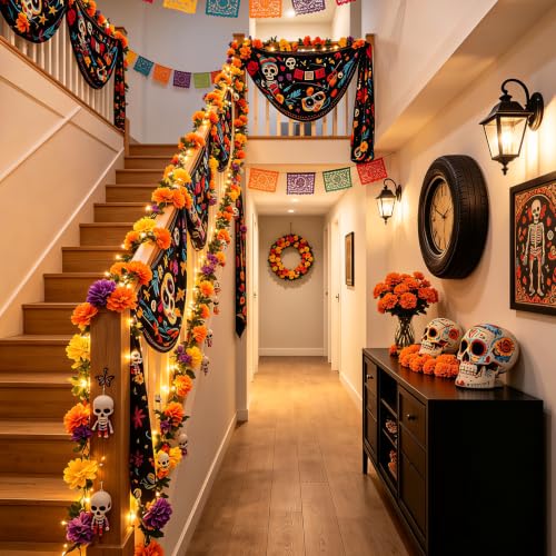 Dia De Los Muertos Porch Banner with Light - Sugar Skull & Floral Design, Ghost Lamp Variation