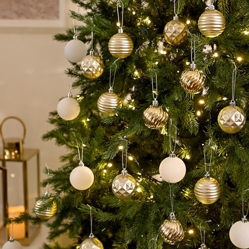 Valery Madelyn White Gold Christmas Ornaments Set 24ct - Shatterproof Holiday Tree Decorations