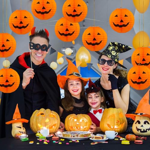 12-Pack Halloween Pumpkin Paper Lanterns - 8 Inch Orange & Black Decorations
