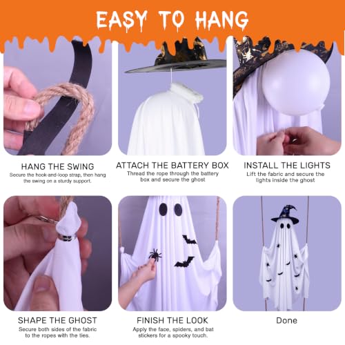 White Lighted Swing Ghost Halloween Decoration - 5FT Outdoor Hanging Ghost with Wooden Swing, 30 LED Lights & Remote
