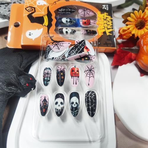 Halloween 36 Press-On Nails Spider Web Skeleton Skull Medium Almond Fake Nails Set - Pink