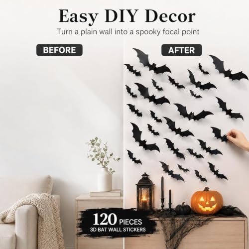 Halloween Bat Wall Decals Set - 120 3D Black Stickers for Indoor & Outdoor Decor