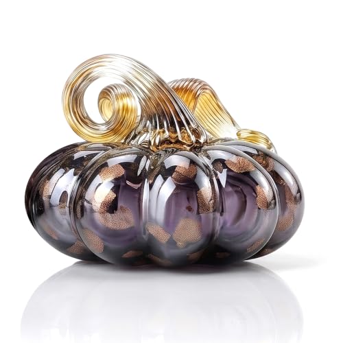 Purple Hand Blown Glass Pumpkin Fall Decor for Thanksgiving & Halloween