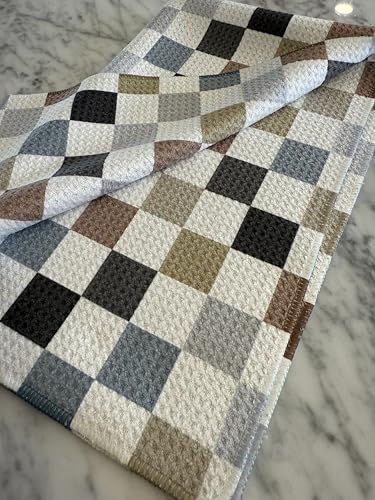 Microfiber Dish Towels Set - Gray Checkered Kitchen Towels 2 Pc - Absorbent & Double Sided with Hanging Loops