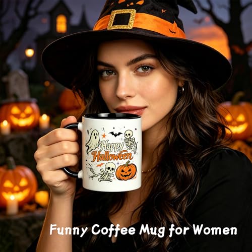 Halloween Coffee Mug with Ghost Skeleton Pumpkin Bat Design - Happy Halloween Black 11oz