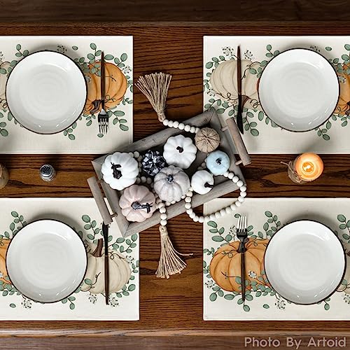 Rectangular Fall Placemats Set of 4 - 12x18 Inch Orange Pumpkins & Eucalyptus Leaves
