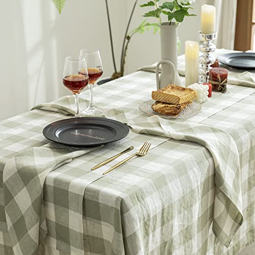 Green Plaid Linen Tablecloth 60x144 Inches - Rectangle, Machine Washable, Perfect for Dining & Events
