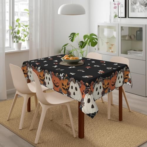 84x60 Inch Halloween Rectangular Tablecloth Black Pumpkin Rose Floral Decor