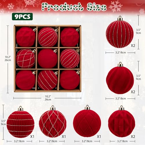 Hollyone Red Velvet Christmas Ornaments Set - 3.2 Inch Shatterproof Xmas Balls, 9Pcs Holiday Tree Decorations