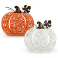Lighted Metal Fall Pumpkins Decor Set - Orange & White, Rustic Autumn Accent with Leaf Shadows