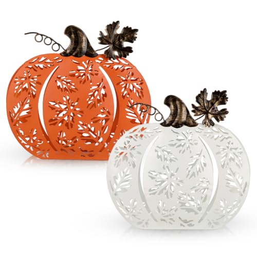 Lighted Metal Fall Pumpkins Decor Set - Orange & White, Rustic Autumn Accent with Leaf Shadows