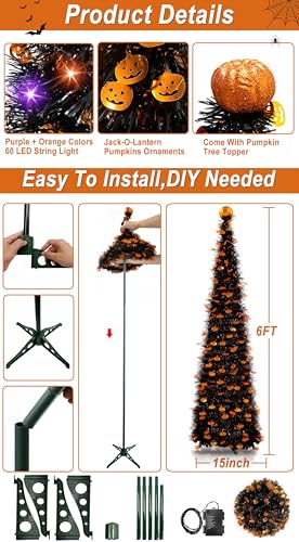 6 Ft Black Tinsel Halloween Tree with Lights - Indoor Holiday Decoration