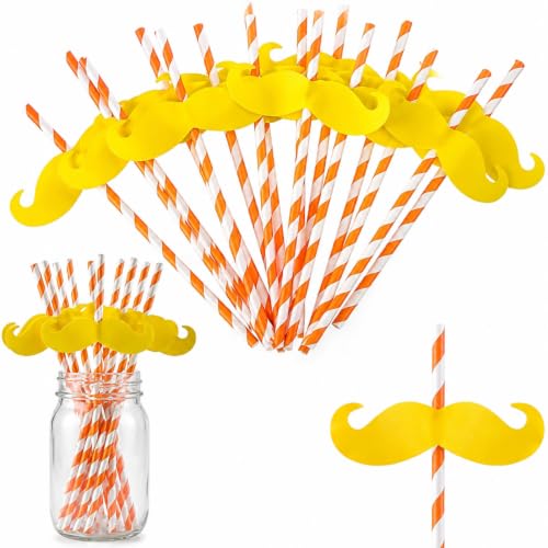 50 Pcs Fun Mustache Straws Bulk Orange White Striped Paper Drinking Straws