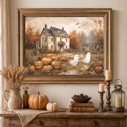 Halloween Wall Art - Haunted House & Pumpkin Canvas Print, 20" x 16" - Rustic Ghost & Autumn Decor - Variation Haunted House & Pumpkin
