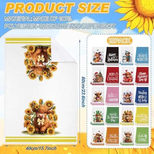 FuWeave Highland Cow Seasonal Kitchen Hand Towels Set - 20 Microfiber Holiday Dish Towels