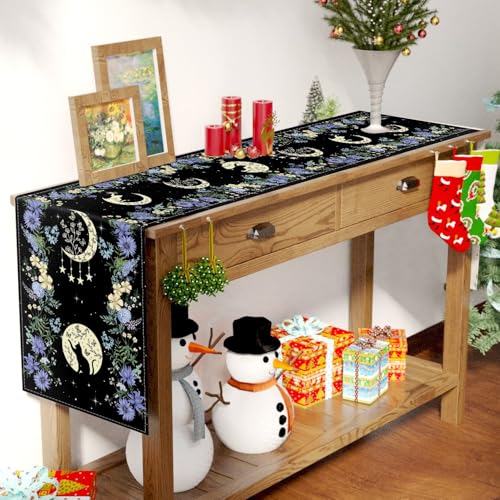 Black Cat Moon Phase Table Runner - Blue Moonphase, 13x36 Inch, Rustic Linen Decor