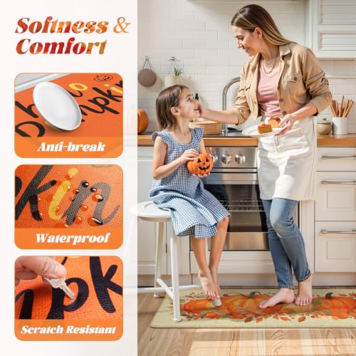 Fall Pumpkin Anti-Fatigue Kitchen Mats Set - Non Slip Cushioned Rugs 17.3x47 & 17.3x29 Inches, Orange