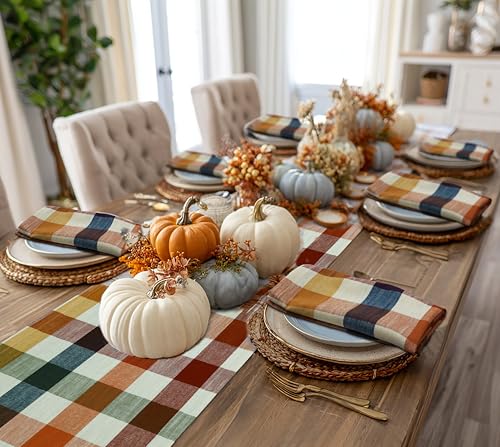 Harvest Plaid Cotton Table Runner - Rust Ivory Multi, 13x72 inches