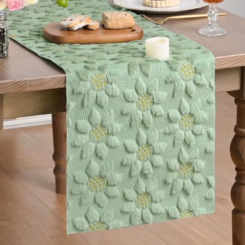 Green Faux Fur Sunflower Table Runner - 13x48 Inch Home Dining Decor