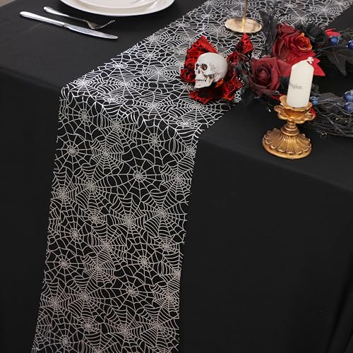 Snowkingdom Halloween Table Runner Spider Web Silver Sequin Sheer 10FT - Black, 120"