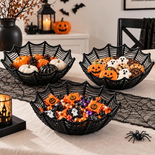 Halloween Candy Bowl Set – Woven Rattan Spider Web Dish for Treats & Decor