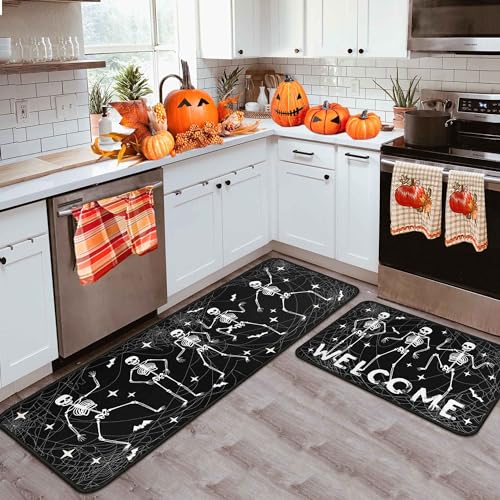 Halloween Kitchen Rugs Set of 2 with Non Slip Backing - Spooky Ghosts & Pumpkins, Black, 17x47.2 + 17x30 Inches