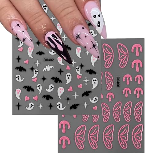 Halloween Pink Glitter Nail Art Stickers Ghost Bat Spider Flame 6 Sheets - Variation 7
