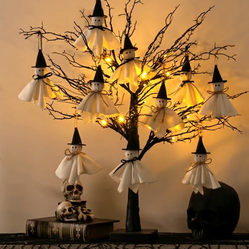 Halloween Lighted Artificial Tree with Ghost Ornaments - 27 Inch Indoor Decor
